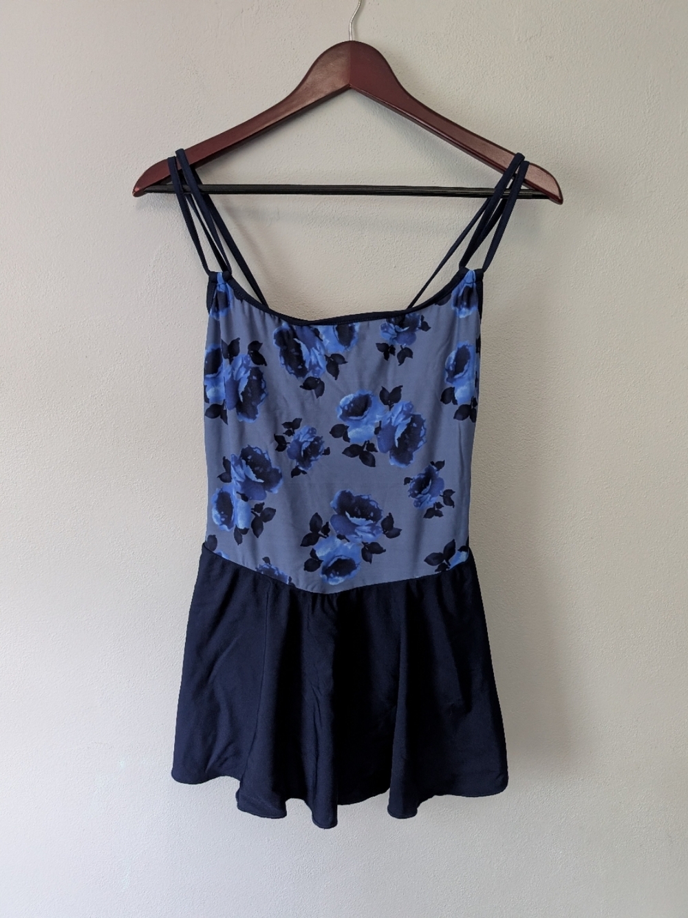 Vintage Sirena One Piece Navy Blue Floral Bathing Suit With Skirt Size 16